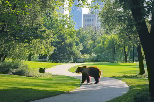 A bear walking on a path in a city park. photo