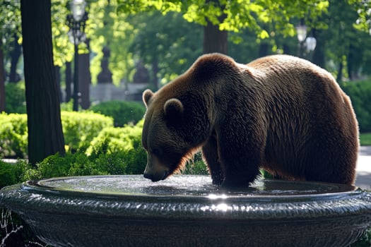 A bear drinking from a park fountain in a city park. photo