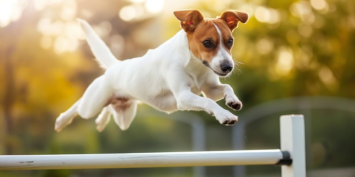 Energetic Jack Russell Terrier Leaping Over Obstacle in Sunlit Park photo