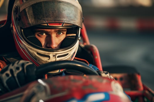 Focused Racer in Karting Helmet Driving GoKart on Racing Track at Sunset photo