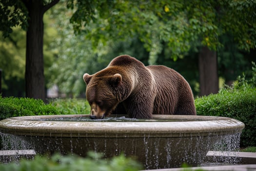 A bear drinking from a park fountain in a city park. photo