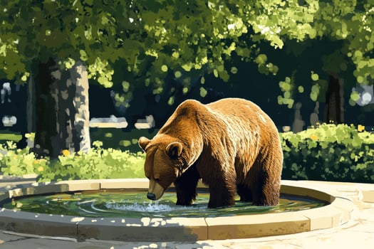 A bear drinking from a park fountain in a city park. photo