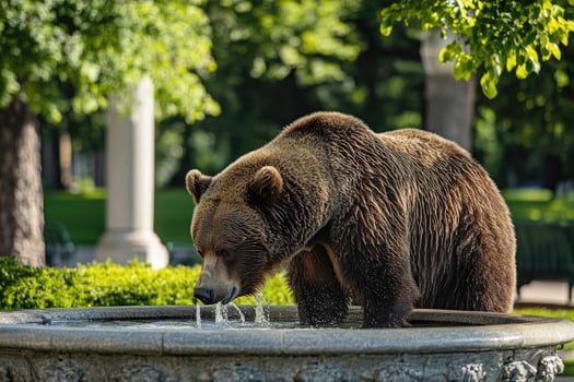A bear drinking from a park fountain in a city park. photo