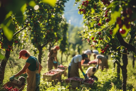 A group of people working in a cherry orchard is picking cherries. Farmers harvest delicious ripe cherries. photo