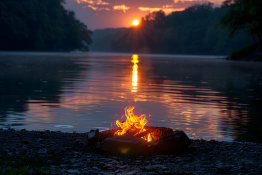 Sunset Campfire by Riverside Tranquil Evening Reflections in Nature photo
