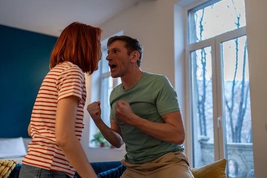 Toxic nervous family relationship. Husband screams hysterically on wife, quarrel between couple home photo