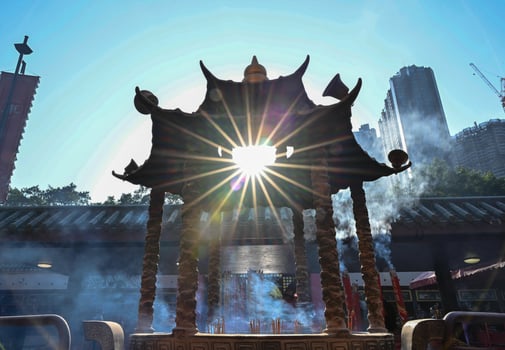 Sunlight and Smoke at Traditional Temple, Hong Kong photo