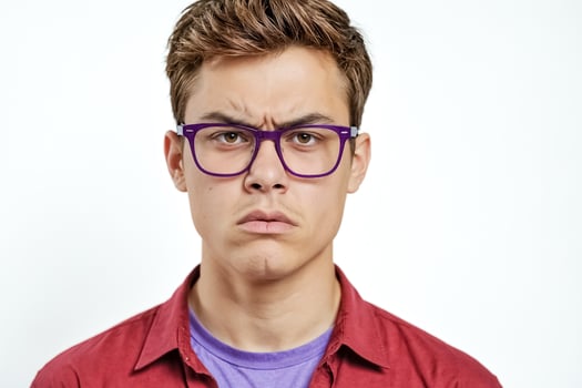 Portrait of young man with glasses looking skeptical photo