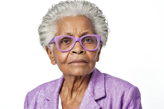 Portrait of a senior woman with grey hair and purple glasses photo