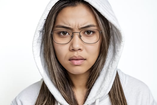 Young woman in white hoodie with serious expression photo