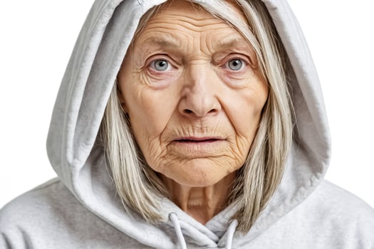 Close up portrait of an elderly woman in a grey hoodie photo