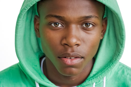 Close-up Portrait of a Young Black Man in a Green Hoodie photo