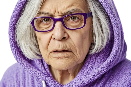 Elderly Woman in Purple Hoodie Looks Skeptical photo