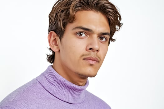 Young man in purple turtleneck looking at the camera photo