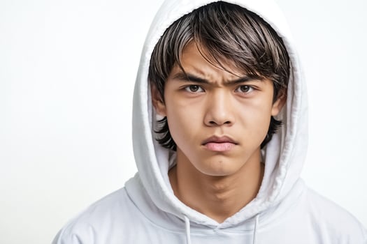 Young man in white hoodie with serious expression photo