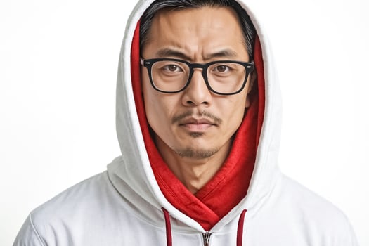 Serious Asian Man in a White Hoodie with a Red Lining photo