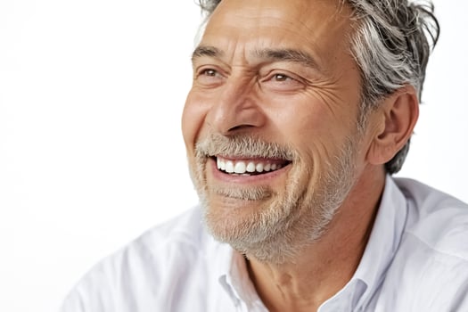 Senior man smiles broadly with white teeth photo