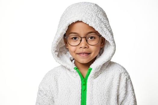 Happy little girl in a white hooded jacket photo