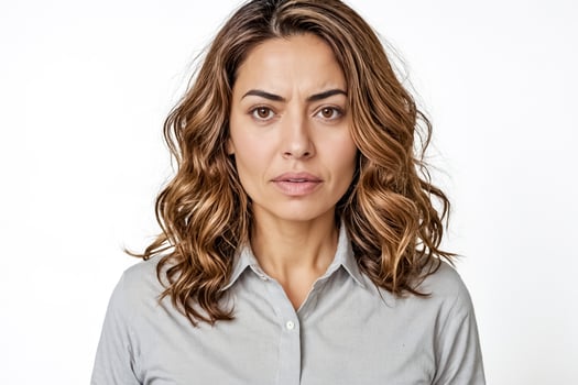 Close-up portrait of a serious woman with wavy hair photo