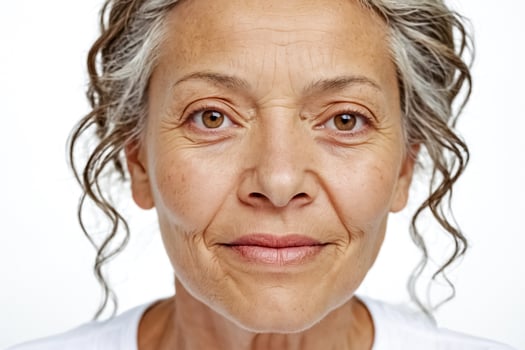 Close-up portrait of a woman with gray hair and brown eyes photo
