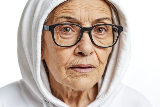 Close-up of a Senior Woman Wearing a Hoodie and Glasses photo