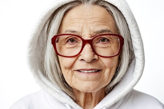 Close-up portrait of a smiling senior woman in a white hoodie photo