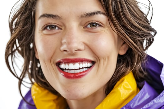 Close-up Portrait of a Smiling Woman with Brown Hair and Bright Red Lipstick photo