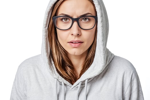 Young woman in a gray hoodie and glasses looking into the camera photo