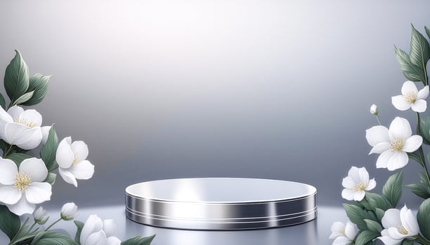 Silver Podium with White Flowers on Grey Background photo