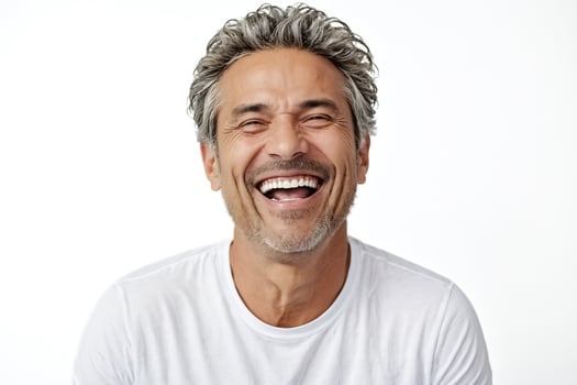 Man in White T-shirt Laughs Heartily photo
