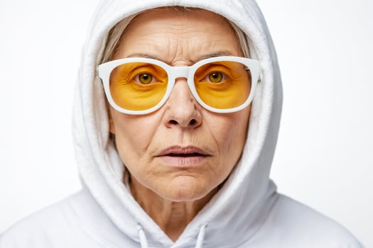 Close-up portrait of an older woman in a white hoodie and orange tinted sunglasses photo