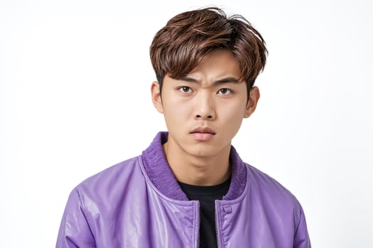 Young man in purple jacket looks serious photo