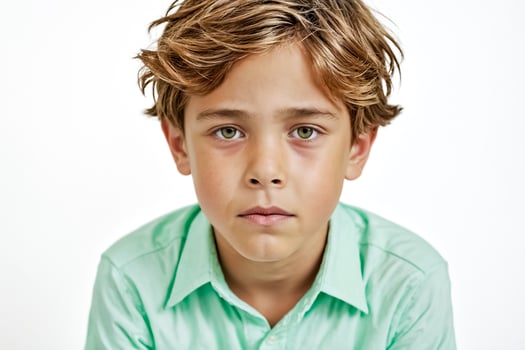 Young boy with green eyes looks seriously at camera photo