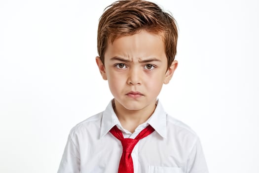 Little Boy with Serious Expression in White Shirt and Red Tie photo