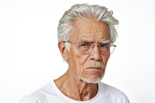 Senior man in white shirt looking skeptical photo