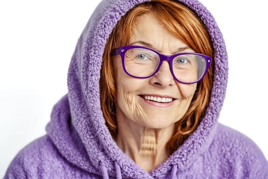 Smiling Senior Woman in Purple Hoodie photo