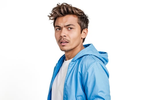 Man in blue jacket looking to the side photo