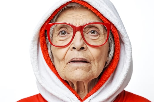 Senior Woman in Red and White Hoodie Looking at Camera photo