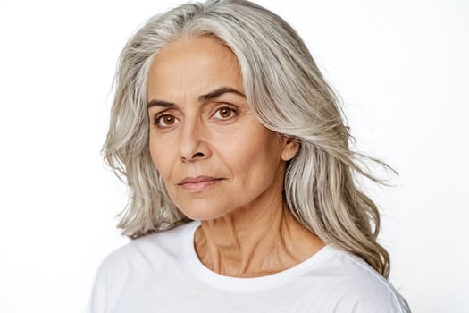 Mature woman with grey hair looking at camera photo
