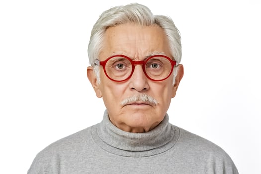 Senior man with white hair and red glasses looking at camera photo