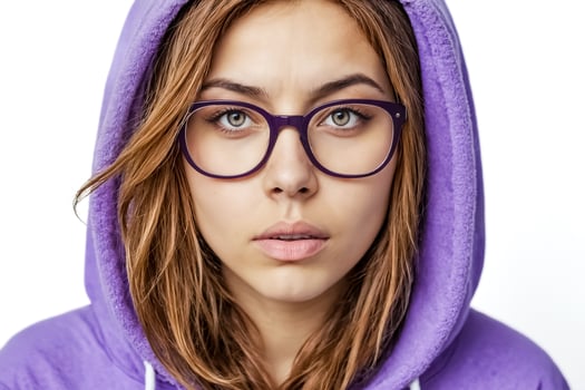 Portrait of Young Woman Wearing Purple Hoodie and Glasses photo