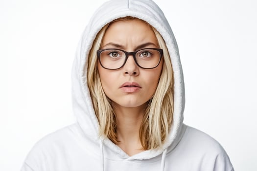 Close-up portrait of a young woman with skeptical expression wearing glasses and a white hoodie photo