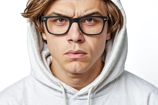 Skeptical young man in a white hoodie photo