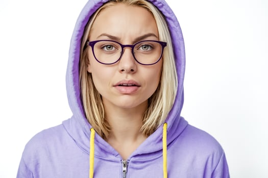 Portrait of a Young Woman Wearing a Purple Hoodie and Glasses photo