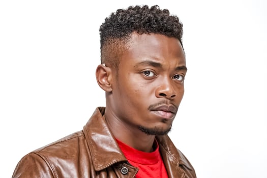 Portrait of a young African American man in a brown leather jacket photo