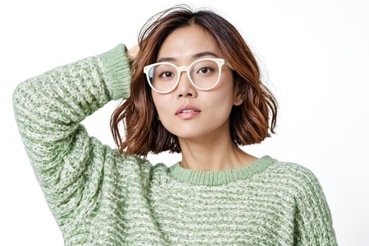 Young Woman in Green Knit Sweater and White Eyeglasses photo