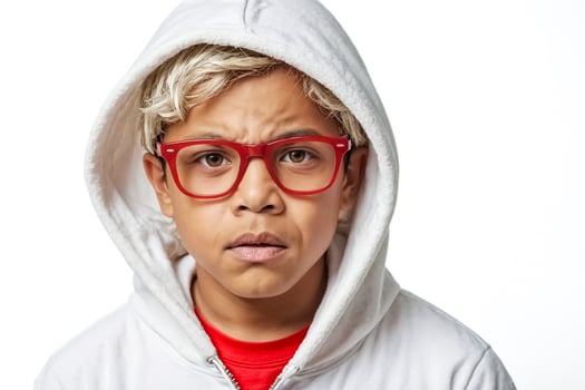 Young Boy in White Hoodie with Red Glasses photo