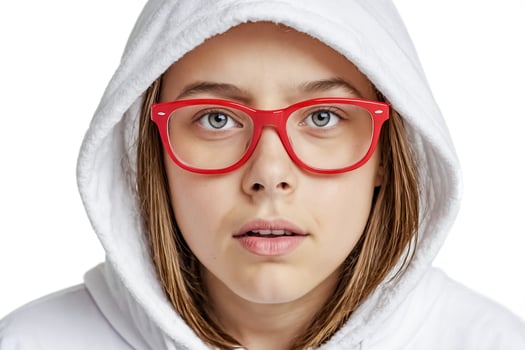 Close-up portrait of a young woman with red glasses photo