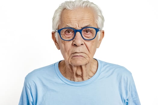 Senior man wearing blue glasses looking at camera photo