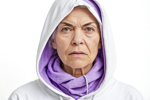 Elderly Woman in White Hoodie with Purple Hood photo